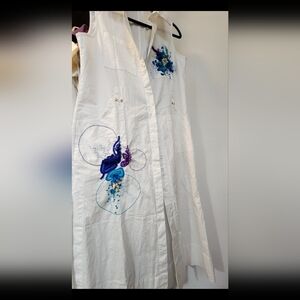 White Sleeveless Dress with Blue Floral Embroidery